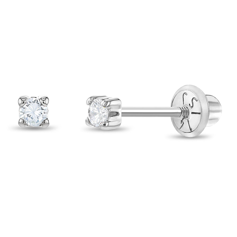 14K White Gold Clear Cubic Zirconia Solitaire Screw Back Earrings Baby Toddler Young Girls at in Season Jewelry